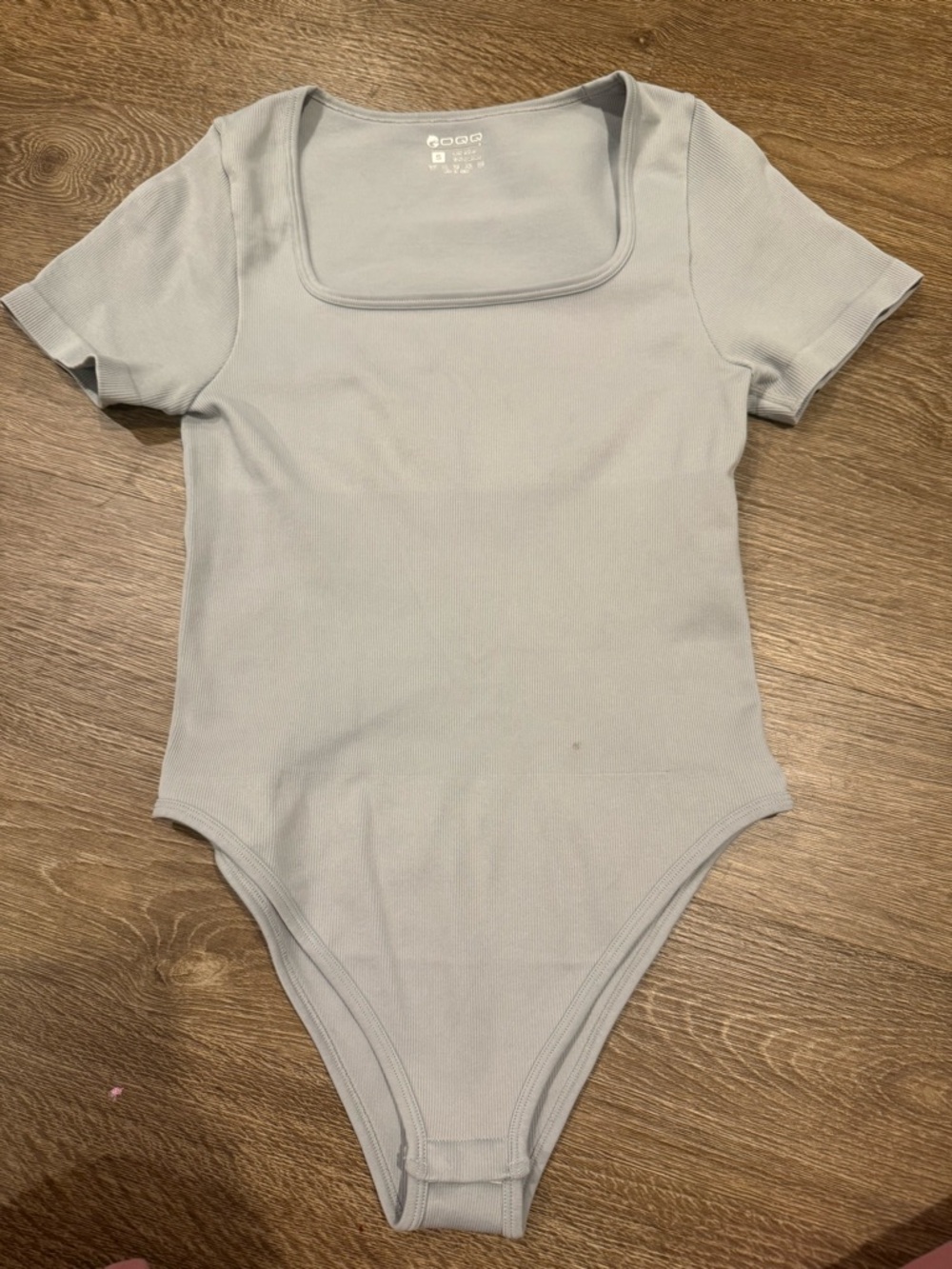 Light Gray Ribbed Square Neck Short Sleeve Bodysuit